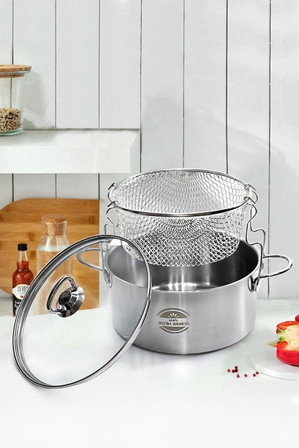 Özberk Cam Kapaklı 3 Parça Çelik Kızartma Tenceresi 20 X 12 Cm 3,1 Litre - Image 1