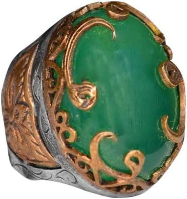 El Yapımı Gümüş Erkek Yüzük | Doğal Yeşil Jade Taşı | Uyum ve Refah Tasarımı - Image 1