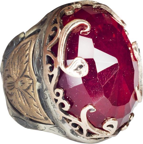 Sterling Gümüş Unisex Yüzük, Erkek Yüzük, Garnet Oluşturulmuş Taş, Osmanlı İmparatorluğu Yüzüğü - Image 1