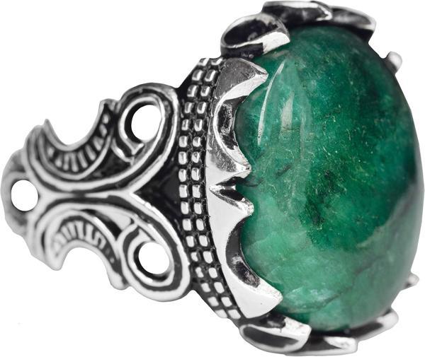 Erkekler için 925 Ayar Gümüş Yüzük, Gerçek Doğal Cabochon Zümrüt Taşı ile - Image 1