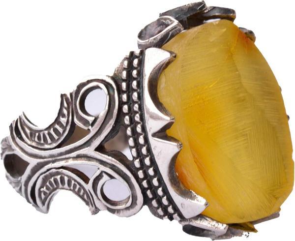 Doğal Bal Amber Taşı, 925 Ayar Gümüş Erkek Yüzük - Image 1