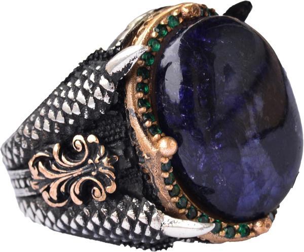 Doğal Cabochon Safir Taşlı Erkek Yüzüğü, 925 Ayar Gümüş Kartal Pençesi Tasarımı - Image 1