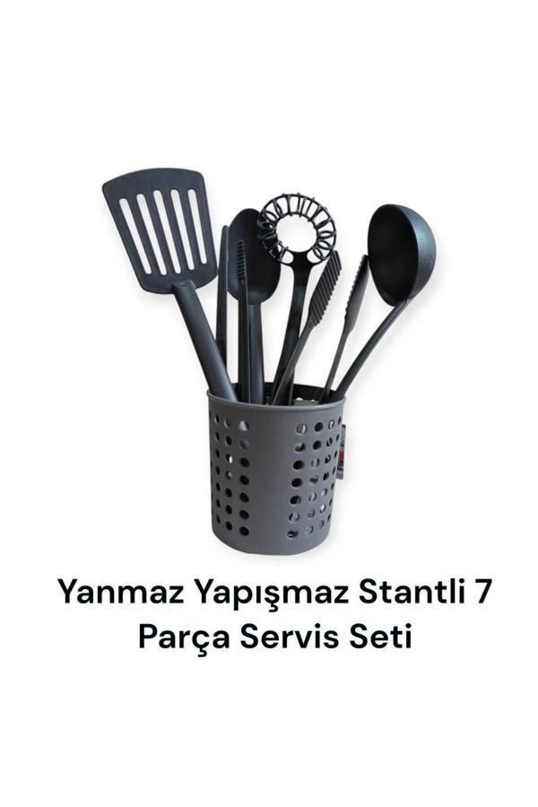 Ar Armese 7 Parça Yanmaz Yapışmaz  Mutfak Servis Seti Stantlı (Kepçe,Çırpıcı,Maşa,Cımbız,Spatula,Kaşık 28Cm) - Image 1