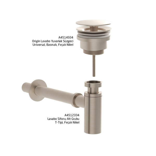 Vitra Origin Lavabo Sifonu ve Süzgeç Seti - Fırçalı Nikel - Image 1