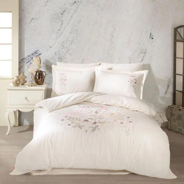 Hobby Çift Kişilik Poplin Premium Nakışlı Nevresim Emilia Krem - Image 1