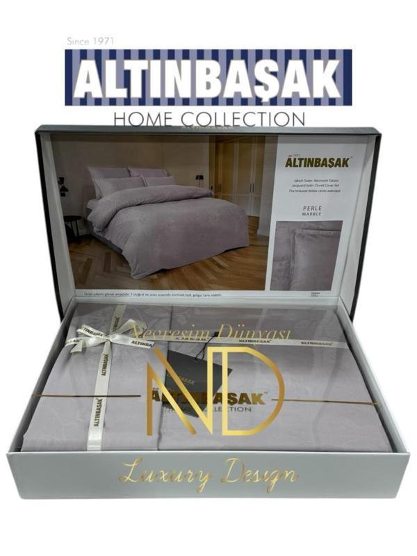 Altınbaşak Jakarlı Saten Çift Kişilik Nevresim Takımı Perle Marble - Image 1