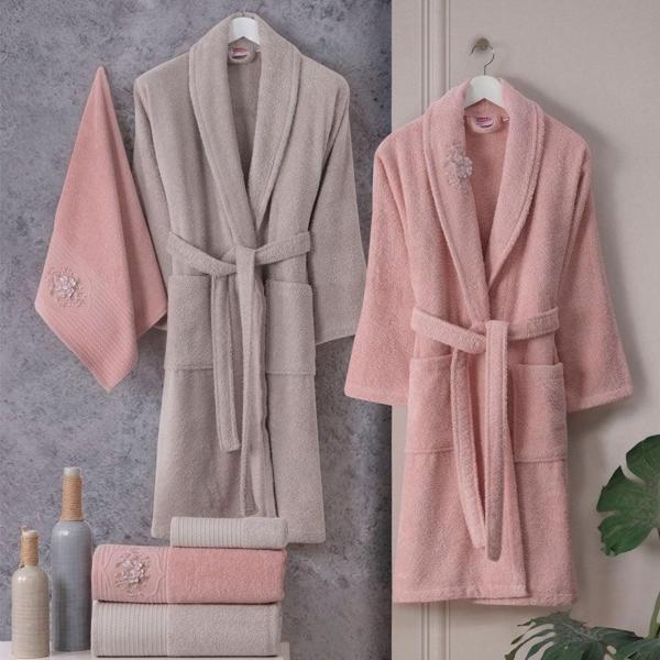 Hobby Line - Pamuklu Bornoz Seti - Pembe K. Bej - Image 1