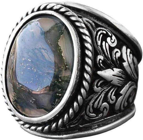 925 Ayar Gümüş Yüzükler - Doğal Agat Taşı (Moss Agate) - Image 1