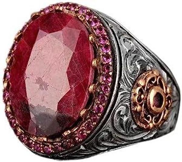 Doğal Yakut Taşlı Yüzük, Yakut Yüzük, Gümüş Yüzük, El Yapımı Erkek Yüzüğü, Pembe - Image 1