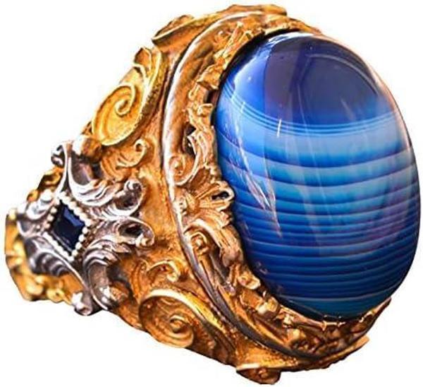 Doğal Mavi Akik Taş Erkek Yüzüğü, Altın Kaplama 925 Ayar Gümüş Yüzük, El Yapımı Gümüş Yüzük - Image 1