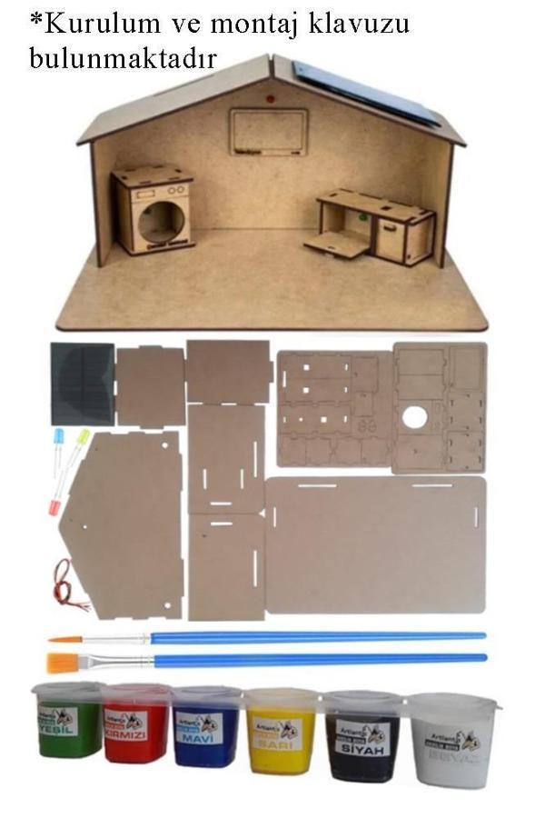 Boyanabilir Güneş Enerjili Ev Yapım Seti 1 Paket Güneş Paneli Mantar Led Lamba Mdf Ev Maketi Akrilikboya Resim Fırçası D - Image 1