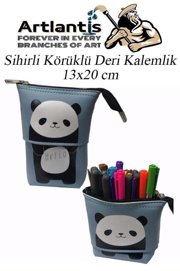 Körüklü Kalemlik Panda 1 Adet Mavi Renk Sihirli Körüklü Deri Kalemlik Kalem Çantası Sevimli Panda Kalem Kutusu - Image 1