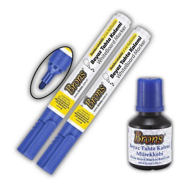 Mavi Yazı Tahta Kalemi Doldurulabilir 2 Adet ve Silinebilir Mürekkep 30 ml 1 Adet Brons Yazı Tahta Kalem Seti - Image 1