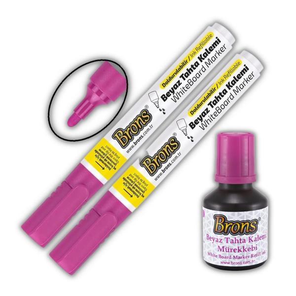 Pembe Yazı Tahta Kalemi Doldurulabilir 2 Adet ve Silinebilir Mürekkep 30 ml 1 Adet Brons Yazı Tahta Kalem Seti - Image 1