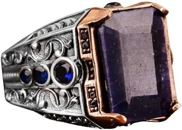 Gerçek Doğal Safir Taşlı Yüzük, 925 Ayar Gümüş Erkek Yüzük - Image 1