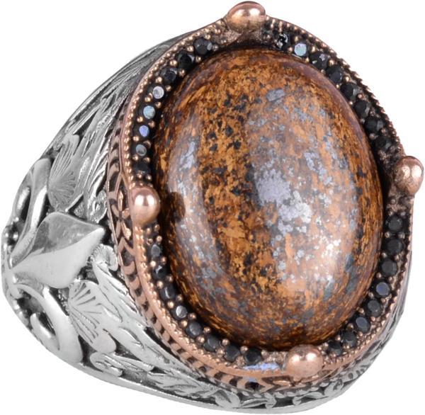 925K Gümüş İşçilikli Erkek Yüzük - Çeşitli Doğal Taşlarla Mevcut (Bronzit) - Image 1