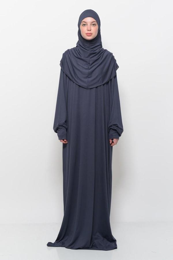 Tek Parça Pamuklu Yarasa Kollu Tak Çıkar Başörtülü Organik Tesettür Namaz Elbisesi - Image 1