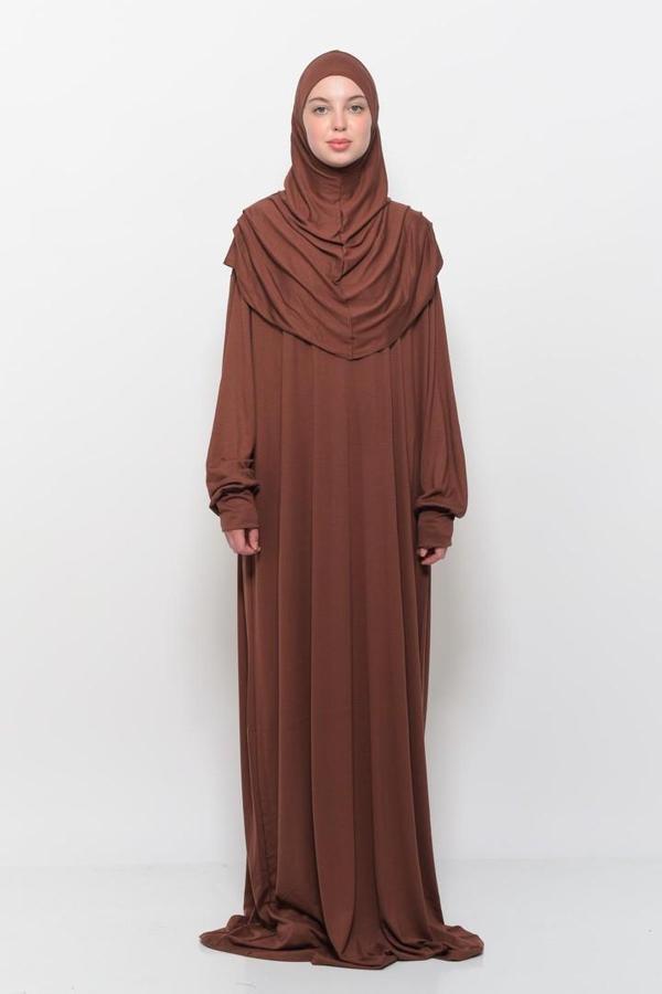 Tek Parça Pamuklu Yarasa Kollu Tak Çıkar Başörtülü Organik Tesettür Namaz Elbisesi - Image 1