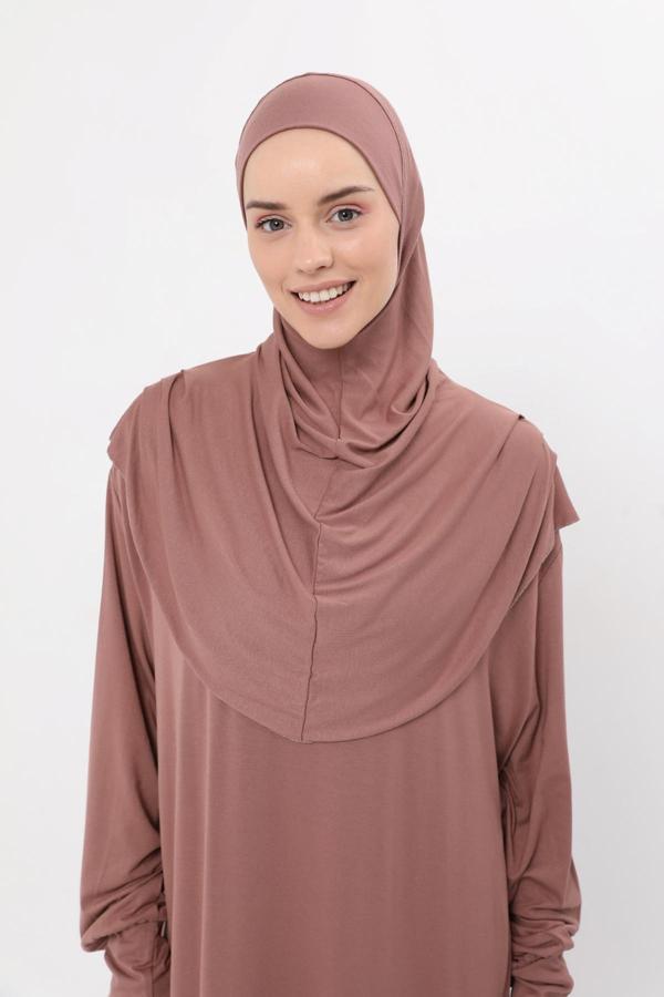 Tek Parça Pamuklu Yarasa Kollu Tak Çıkar Başörtülü Organik Tesettür Namaz Elbisesi - Image 1