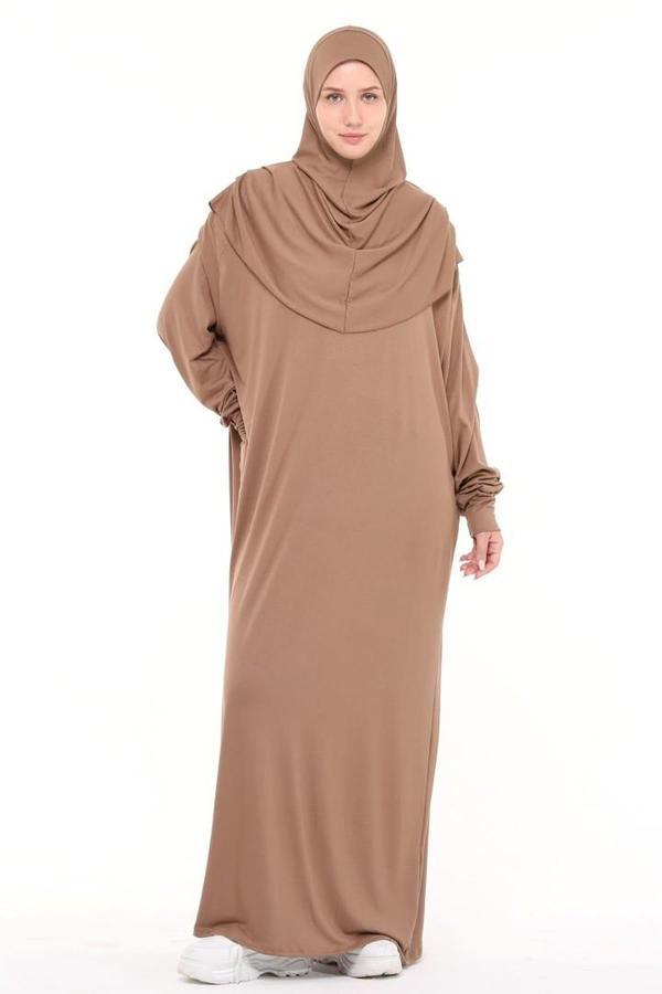 Tek Parça Pamuklu Yarasa Kollu Tak Çıkar Başörtülü Organik Tesettür Namaz Elbisesi - Image 1