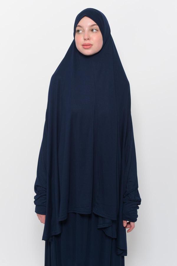 İki Parça Pamuklu Yarasa Kollu Başörtülü Organik Tesettür Namaz Elbisesi - Image 1