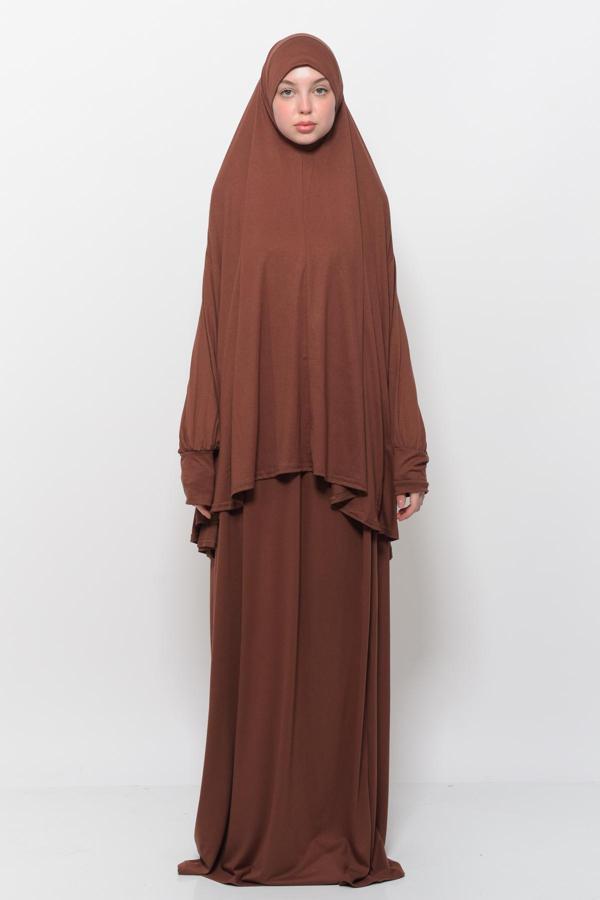 İki Parça Pamuklu Yarasa Kollu Başörtülü Organik Tesettür Namaz Elbisesi - Image 1