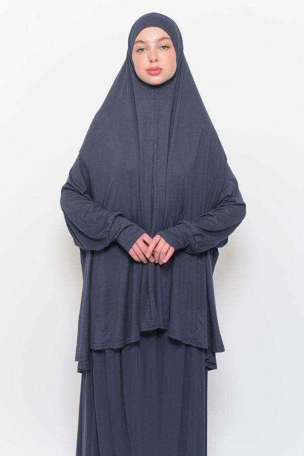 İki Parça Pamuklu Yarasa Kollu Başörtülü Organik Tesettür Namaz Elbisesi - Image 1