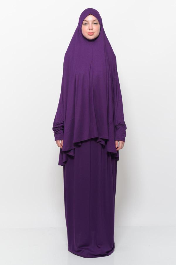 İki Parça Pamuklu Yarasa Kollu Başörtülü Organik Tesettür Namaz Elbisesi - Image 1