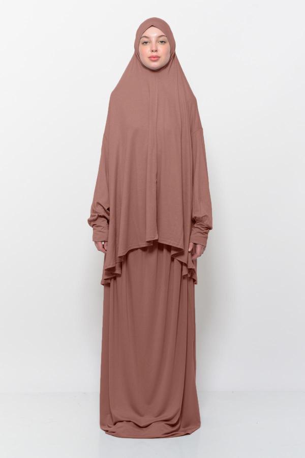 İki Parça Pamuklu Yarasa Kollu Başörtülü Organik Tesettür Namaz Elbisesi - Image 1