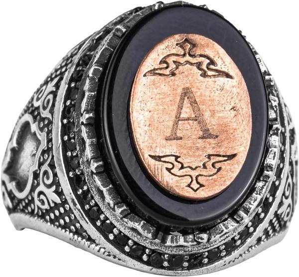 Kişiselleştirilebilir Monogram Oniks Taşlı Yüzük - 925 Ayar Gümüş Kişisel Yüzük Erkekler İçin - Image 1