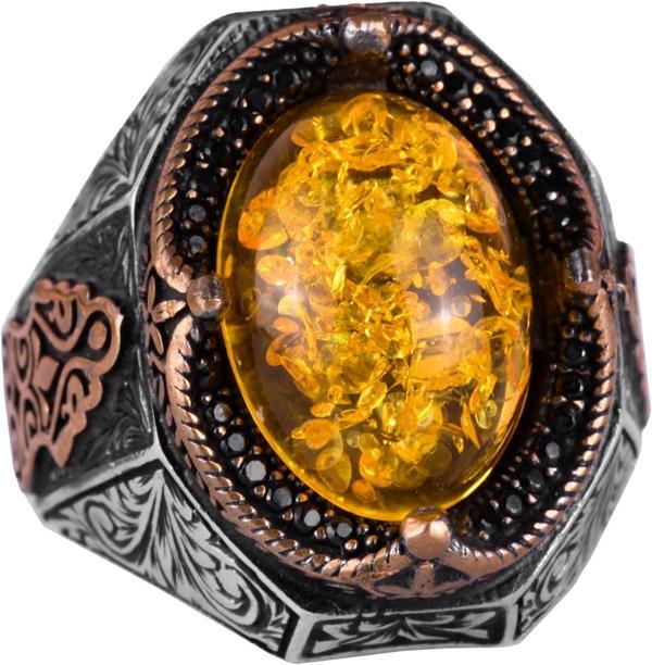 Şık El Yapımı 925 Ayar Gümüş Erkek Yüzüğü, Yapay Açık Sarı Amber Taşı) - Image 1