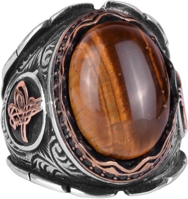 El Yapımı Cabochon Kaplan Gözlü Taş Yüzük, 925K Katı Gümüş Erkek Yüzüğü, Cesur Tasarım, Osmanlı Tuğra Yüzüğü - Image 1