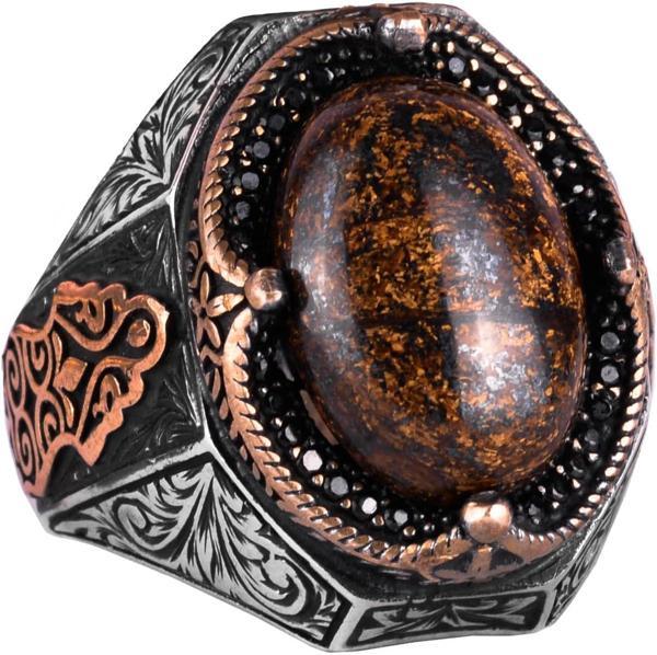 El Yapımı Doğal Bronzit Taş Yüzük - Cesur 925 Ayar Katı Gümüş Erkek Yüzüğü, Topraklama Gücü Tasarımı - Image 1