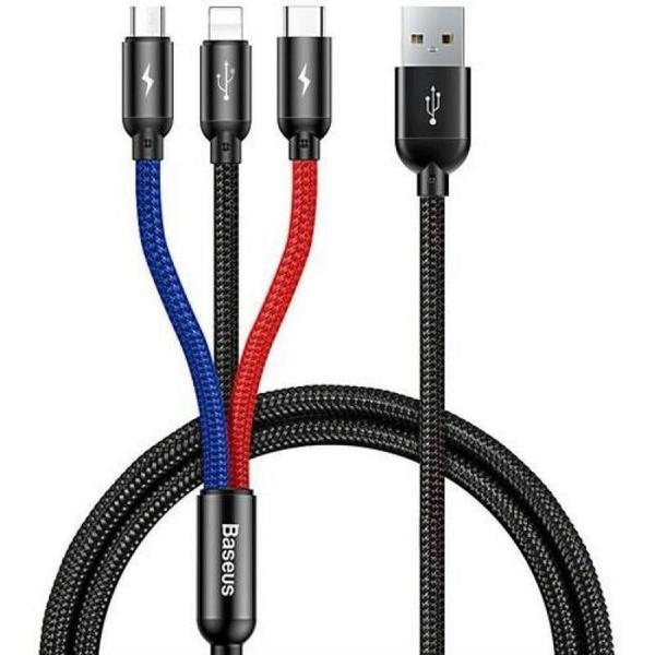Baseus Three Primary Colors 3'ü 1 arada Kablo (USB-C / Lightning / Micro; 3,5A 0,3m) - Image 1