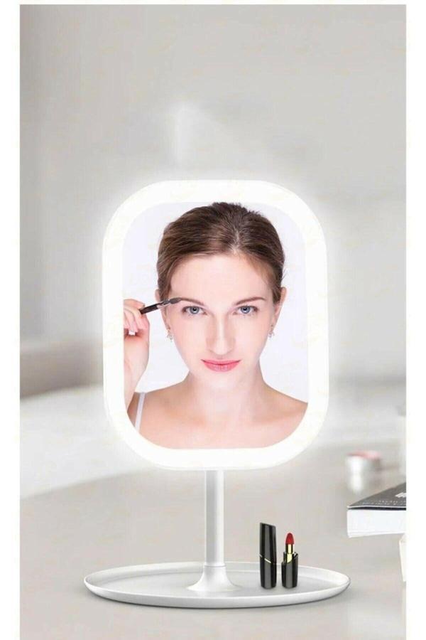 Caddeoutlet 3 Renk Ledli Taşınabilir Masaüstü Şarjlı Işıklı Makyaj Aynası 90 Derece Açı Yuvarlak Beyaz Ledli - Image 1
