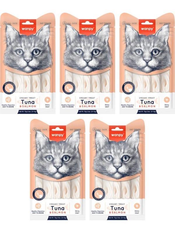 5 Adet Wanpy Ton Balığı&Somon Krema Ödül 5x14 gr RA-052 Kedi Ödülü Skt:09/2026 - Image 1