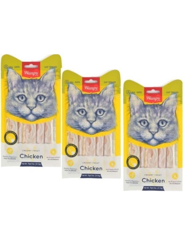 3 Adet Wanpy Tavuk 5x14 gr Sıvı Ödül RA-049 Likit Kedi Ödülü Skt: 10/2026 - Image 1