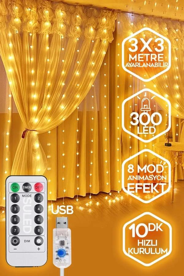 300 Ledli 10 Saçaklı Sarı Led Kumandalı 8 Modlu Perde Led Peri Mutfak Işık Dekoratif Lamba - Image 1
