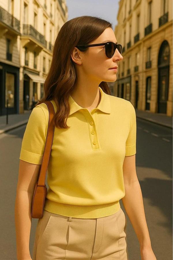 Polo Yaka Kısa Kollu Sarı Kadın Triko Tişört - Image 1