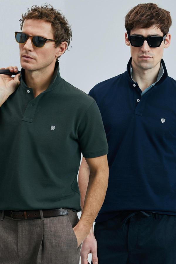 Lufian Logolu Pamuklu Comfort Fit Düğmeli Polo Yaka 2'li Erkek T Shirt 111040206S2 LACİVERT-HAKİ - Image 1