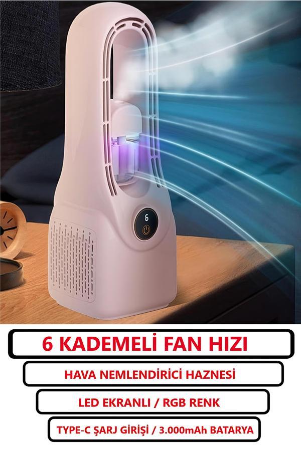 6 Kademeli Güçlü Fan Hızı / Ultrasonik Nemlendirici Renkli Işıklı Hazne / 3.000MAH Batarya/vantilatör/fan - Image 1