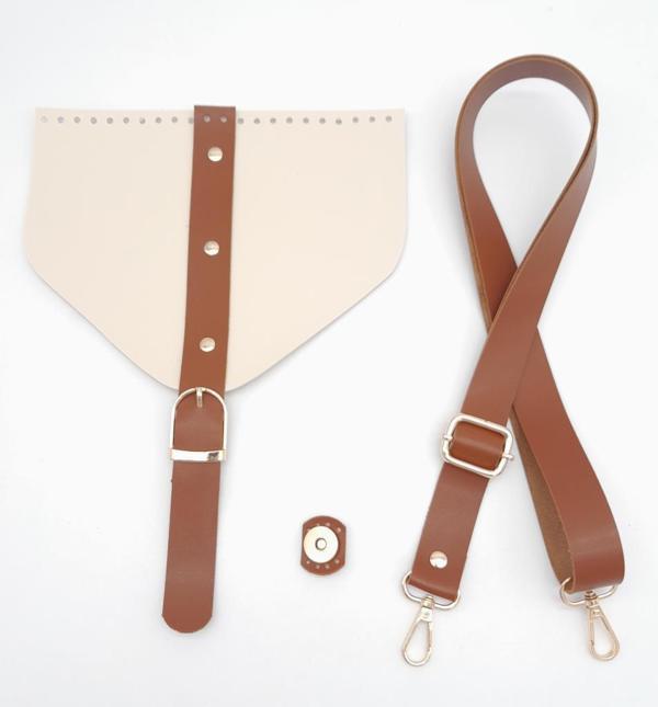 Angel Çanta Aksesuar Krem Renk Taba Şeritli Suni Deri Çanta Seti Light Gold Metalli - Image 1