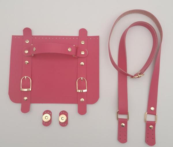 Angel Çanta Aksesuar Suni Deri Çift Tokalı Ayarlı Saplı Fuşya Renk Çanta Deri Seti Light Gold Metalli - Image 1