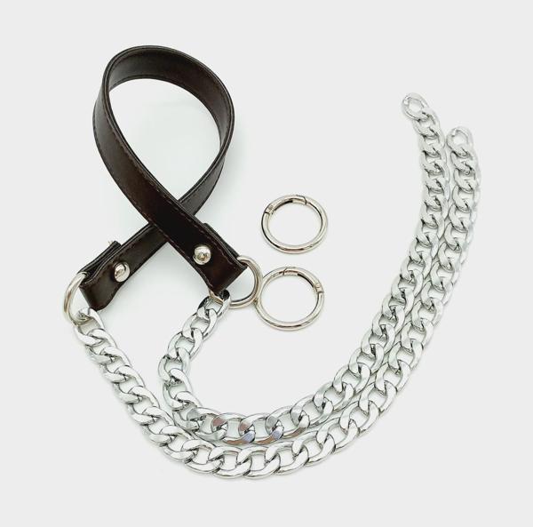 Angel Çanta Aksesuar Suni Deri Dikişli Gümüş Zincirli Kahverengi Çanta Sapı - Image 1