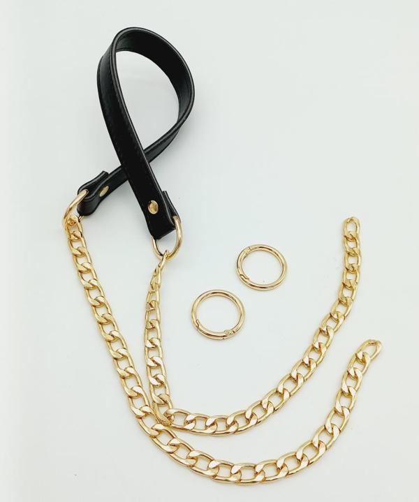 Angel Çanta Aksesuar Suni Deri Dikişli Siyah Renk Light Gold Zincirli Çanta Sapı - Image 1