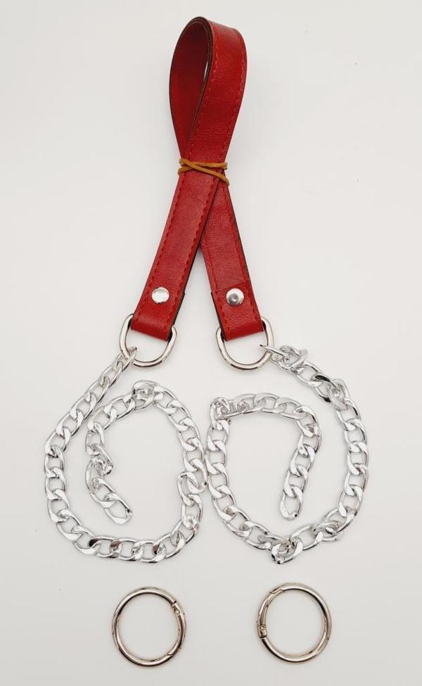 Angel Çanta Aksesuar Suni Deri Dikişli Gümüş Zincirli Kırmızı Renk Çanta Sapı - Image 1