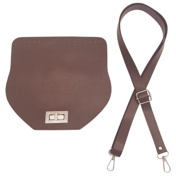 Angel Çanta Aksesuar Suni Deri 21x19 cm Kapaklı ve Ayarlı Saplı Çanta Seti Koyu Kahverengi Gümüş Metalli - Image 1