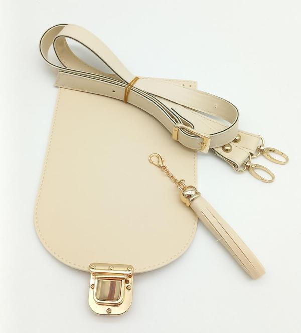 Angel Çanta Aksesuar Krem Suni Deri 120x2 cm Çanta Saplı Püsküllü Çanta Seti Light Gold Metalli - Image 1