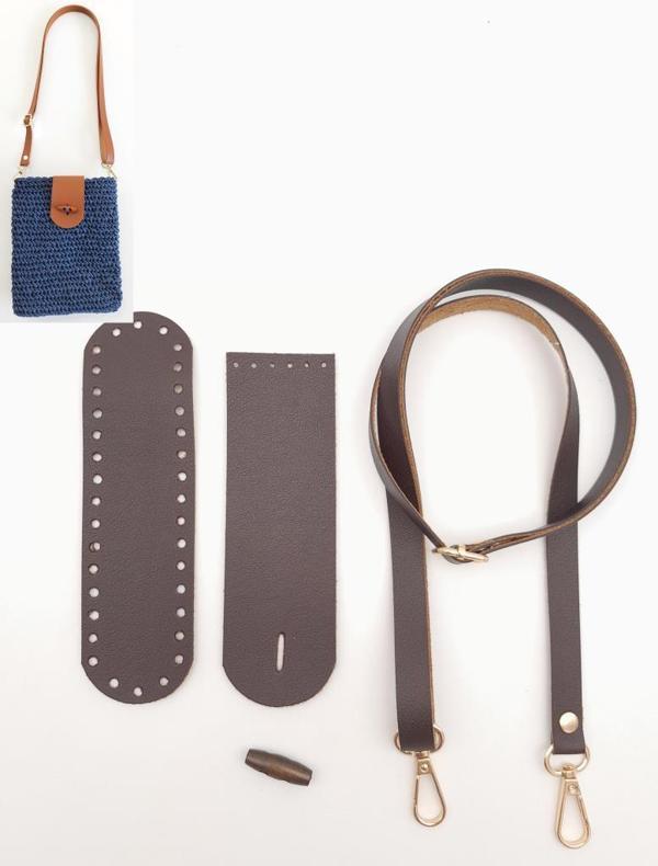 Angel Çanta Aksesuar Suni Deri Ahşap Düğmeli Mini Bag Cep Telefonu Seti Kahverengi Light Gold Metalli - Image 1