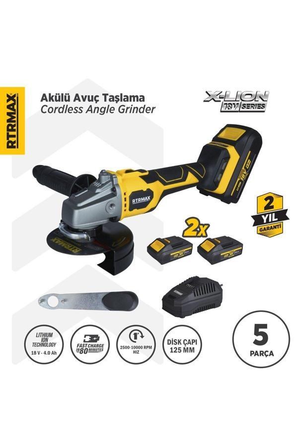 Rtrmax Rtx3060 Şarjlı Avuç Taşlama Makinası Kömürsüz 125Mm 2X4Ahplus Çift Akü Hızlı Şarj X-Lion - Akü Dahil - Image 1